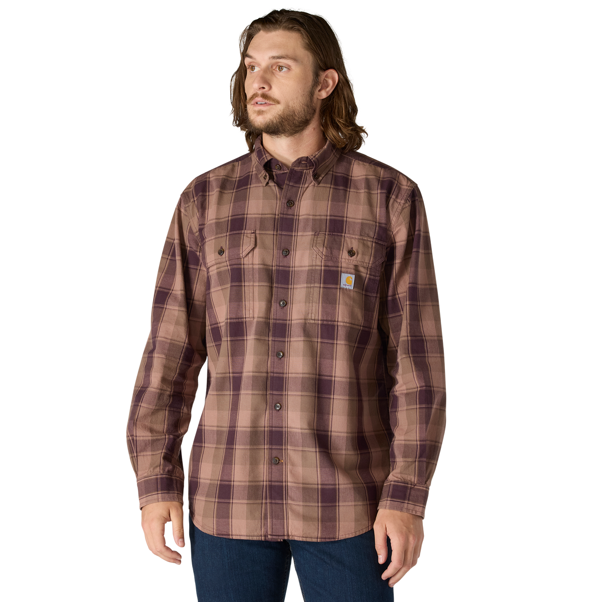LOOSE FIT MIDWEIGHT CHAMBRAY LONG-SLEEVE PLAID SHIRT