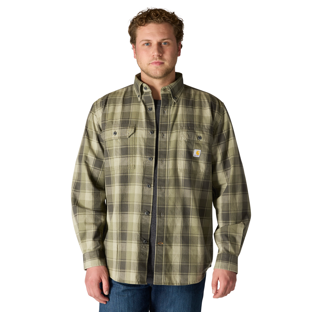 LOOSE FIT MIDWEIGHT CHAMBRAY LONG-SLEEVE PLAID SHIRT