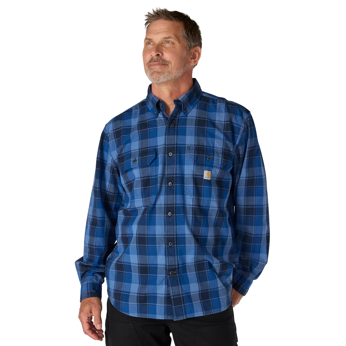 LOOSE FIT MIDWEIGHT CHAMBRAY LONG-SLEEVE PLAID SHIRT