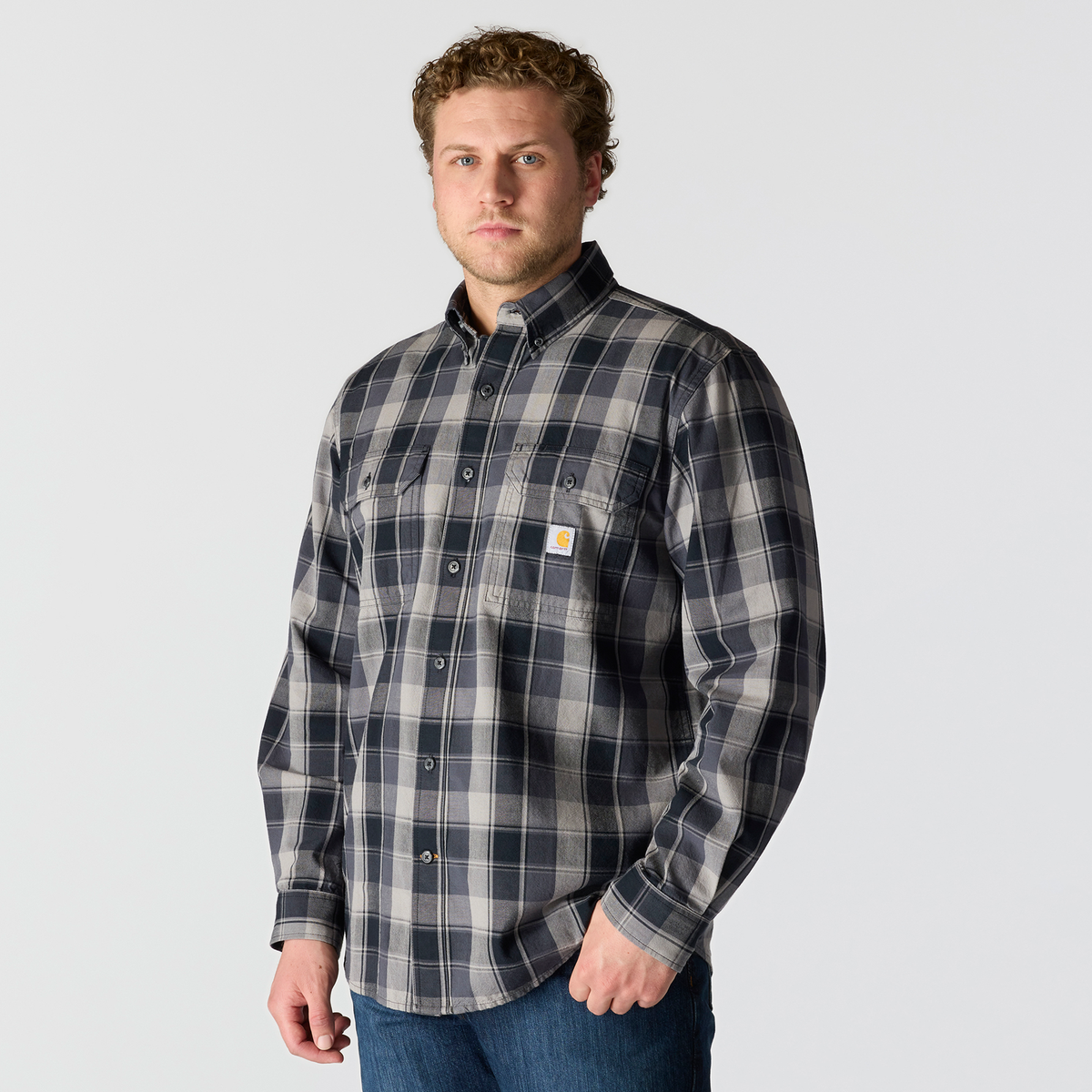 LOOSE FIT MIDWEIGHT CHAMBRAY LONG-SLEEVE PLAID SHIRT